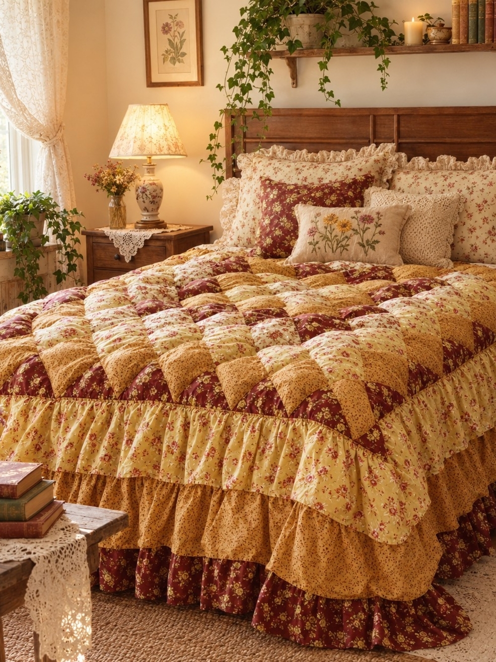 Vintage Floral Patchwork Comforter Set in Mustard and Burgundy